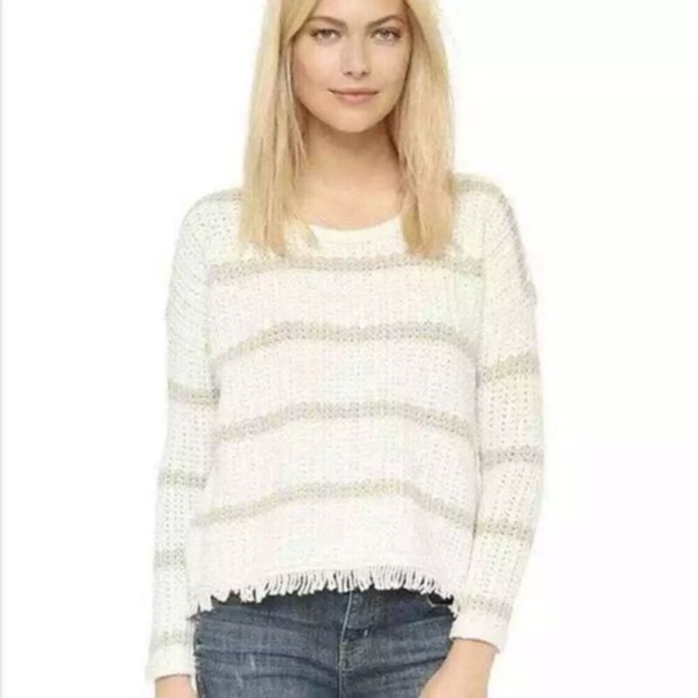 Madewell Sweater‎ Medium Cream Striped Alpaca Wool Blend Knit Long Sleeve Fringe